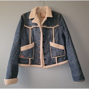 Guess Women's Denim Sherpa Jacket Faux fur lined Button Front Western Size Large